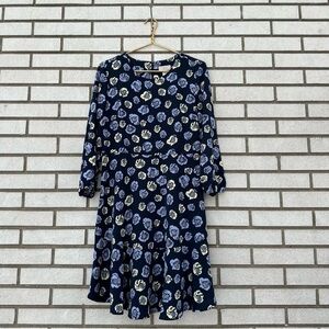 LOFT Navy Blue Floral Flounce Hem Dress Periwinkle Cream Long Sleeve M Easter